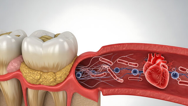 Tooth decay and heart disease as an unhealthy molar with periodontitis due to poor oral hygiene heal