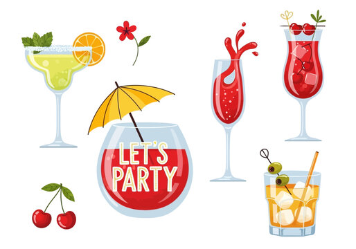 Collection of colorful cocktail drinks with fruit garnish and a punch bowl saying lets party