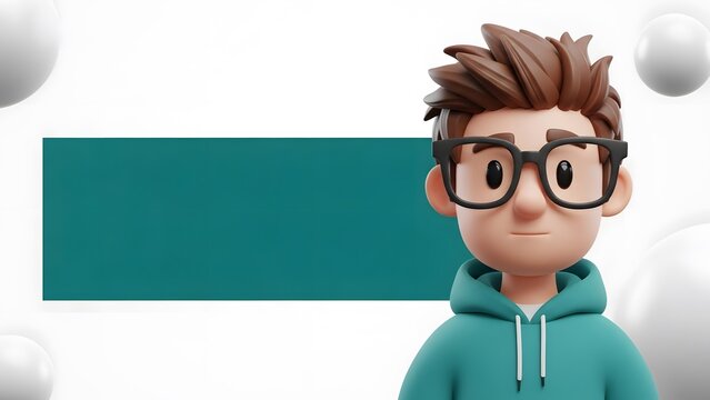 3D cartoon boy character with glasses and a teal hoodie standing against a white background with abstract shapes.