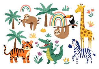 Fototapeta premium Cute cartoon jungle animal collection with sloth, giraffe, tiger, zebra, toucan, and crocodile