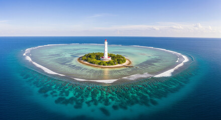 Isolated tropical island with a white lighthouse surrounded by a coral reef and turquoise waters, a remote paradise