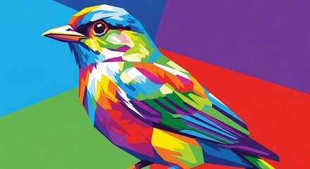A vibrant, colorful bird is depicted using a pop art style. The bird's feathers are a mosaic of bright hues. It is sitting