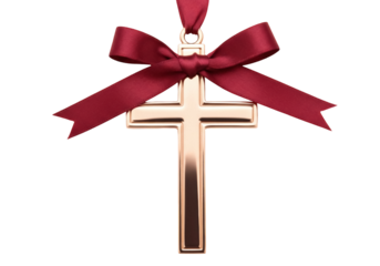 Golden Christian cross with red ribbon isolated PNG, religious symbol on transparent background for Christmas and Easter design projects