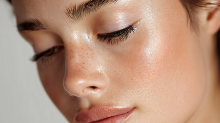 Cloud Dancer Close-up of a woman's face with glowing, dewy skin and subtle freckles. Colour of the Year 2026