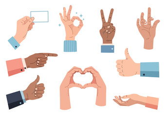 Fototapeta premium Collection of diverse human hands showing various gestures like pointing, thumbs up, heart shape, and peace sign