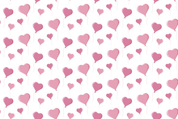 Seamless pattern of pink heart balloons with soft strings on a clean white background. Playful romantic design for wrapping paper, textiles, stationery, party decor and Valentine themes