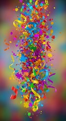 A vibrant, colorful cascade of confetti and streamers, dynamically arranged in a vertical pattern, with a blurred backdrop
