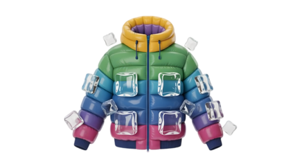 Colorful puffer jacket with zipper and pockets isolated on transparent background