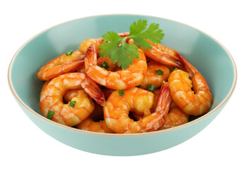 Delicious cooked shrimp in a bowl isolated PNG, appetizing seafood dish with cilantro garnish on transparent background, gourmet food