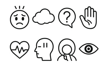 Concern Icon Set. Concern Indicators linear set: worried face symbol, tension lines, concern cloud, question mark bubble, cautious hand, uneasy heartbeat icon, reflective pause