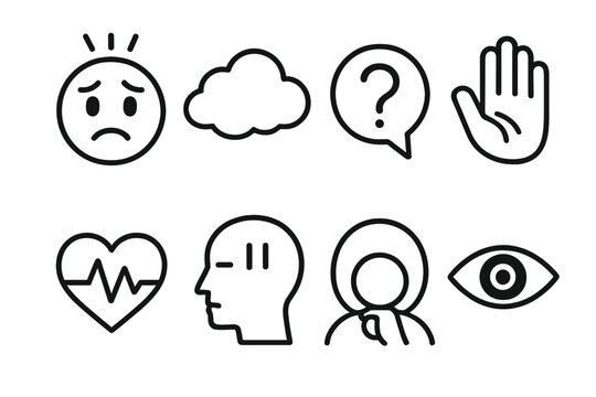 Concern Icon Set. Concern Indicators linear set: worried face symbol, tension lines, concern cloud, question mark bubble, cautious hand, uneasy heartbeat icon, reflective pause