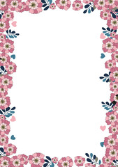 Elegant rectangular pink frame with floral design, hearts and leaves.