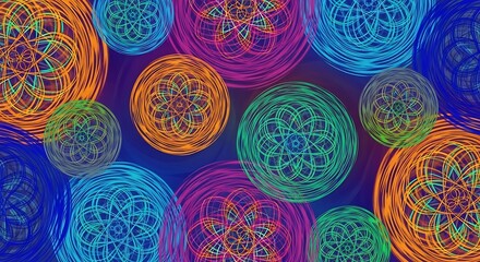 A vibrant, colorful digital artwork. Featuring many abstract, circular forms with swirling lines and a gradient background