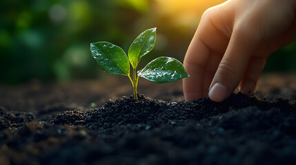 Person planting a small green seedling in dark soil during sunset in a garden setting