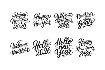 Happy New Year 2026, hand-lettered vector bundle, perfect for T-shirts, greeting cards, posters, mugs, pillows, and festive prints