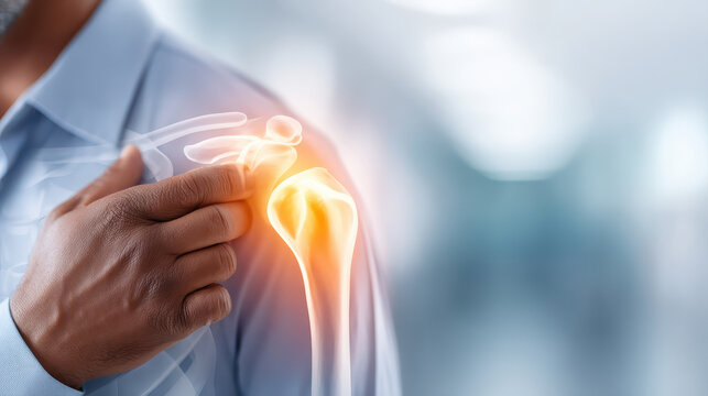 Man touching shoulder with x ray overlay showing hologram style medical technology visualization of shoulder joint indicating pain and treatment options