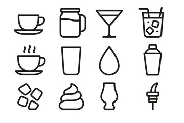 Outline Drink Icons. Caf&eacute; & Bar Drinks linear set: espresso cup, cold brew jar, martini silhouette, flavored soda glass, aromatic tea cup, highball tumbler, syrup drop, cocktail