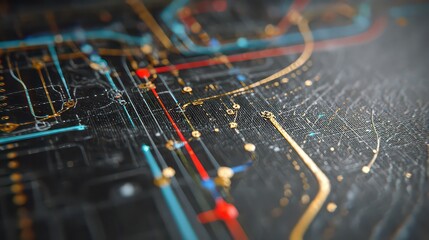 Abstract Macro Shot of Interconnected Lines on Black Surface with Gold, Blue and Red Lights Depicting Network Connectivity