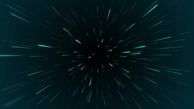 Particle effects or space travel. Abstract green lights moving zoomed in on black background. Hyperspace zoom of different length lines effect. looping 4K animation