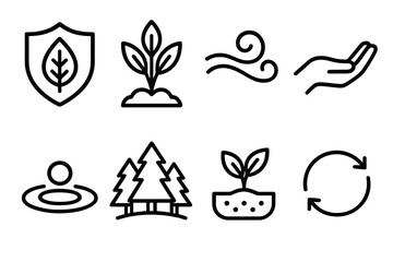 Fototapeta premium Environmental Icon Set. Environmental Protection Set linear set: green shield, native plant patch, clean air swirl, conservation hand, river ripple, forest emblem, soil health icon