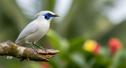 Obraz premium A beautiful white Bali myna bird with blue facial markings perched on a tree branch in a natural environment