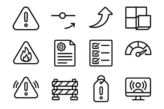 Risk Analysis Symbols. Risk Analysis Set linear set: warning sign, risk level slider, event likelihood arrow, impact rating blocks, hazard icon, control measure sheet, review