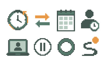 Pixel Art Icon Set. Flexible Balance pixel style set: adaptable clock, shifting arrows, open schedule grid, personal time icon, remote work symbol, pause button, clarity ring,