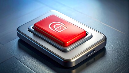 Metallic rectangular device with a prominent red button featuring a white padlock symbol. The button is slightly raised