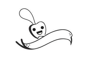 Cute Cartoon Bunny Apple Mascot Character with Blank Ribbon Banner Line Art Drawing