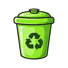 Hand drawn illustration of a green recycling bin with universal recycle symbol for environmental concept