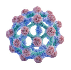 A 3D model of a complex viral structure with vibrant details and layers.