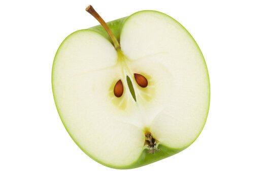 Half of a green apple isolated PNG on transparent background, fresh fruit cut open to reveal seeds and core, healthy eating