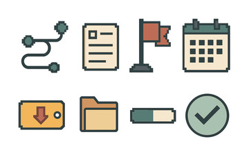 Project Planning Icons. Project Planning Essentials pixel style set: roadmap bar, task card, milestone flag, calendar block, priority tag, resource folder, progress bar, completion