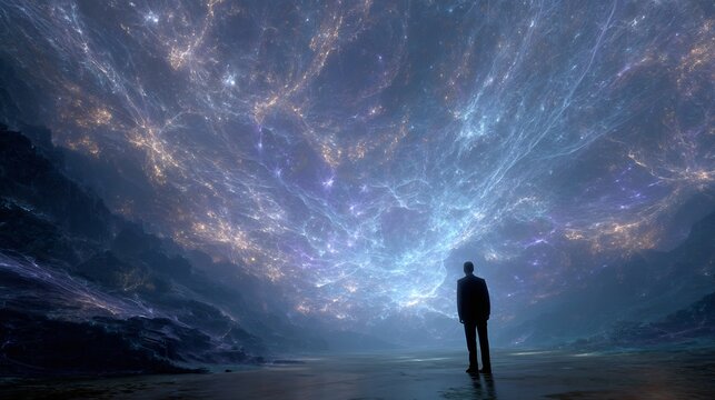 Search truth in quantum realm scientist silhouette gazing into multiverse fractals representing infinite unknowns