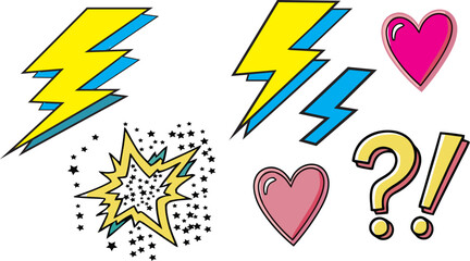 Bright and Energetic Comic Style Icons Featuring Lightning Bolts, Hearts, and Question Marks