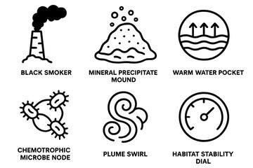 Hydrothermal Habitat Icons. Hydrothermal Habitat Set linear set: black smoker stack, mineral precipitate mound, warm-water pocket, chemotrophic microbe node, plume swirl, habitat