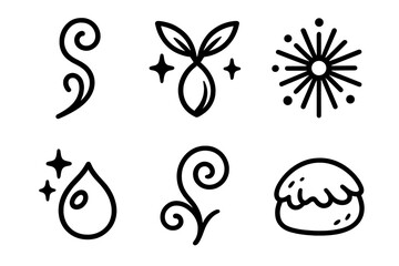 Whimsical Forest Icons. Whimsy Forest Treasures linear set: twirling twig, sparkling seed, radiant puffball, dew orb, airy vine curl, soft moss token.