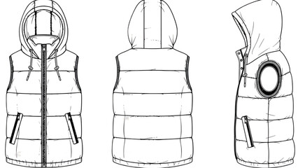 A technical drawing of a hooded vest in black and white isolated on transparent background