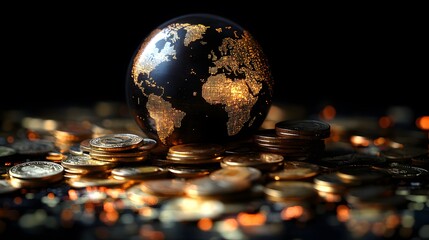 Coins and a globe placed together, showing a global economic theme in a dark setting with illuminated elements