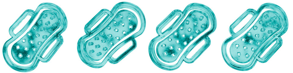 Set of four 3D sanitary pad shapes in frosted blue ice glass style, isolated on a transparent background. Glassmorphism icons and 3D elements for modern graphic design. © Thanh