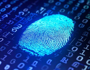 Glowing fingerprint overlaid on binary code, security symbol
