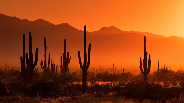 saguaro. A vast desert landscape at sunset, featuring towering saguaro cacti silhouettes against a vibrant orange sky. inspiring travel planning.