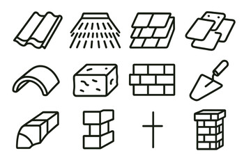 Roofing and Masonry Icons. Traditional Roofing & Masonry linear set: clay roof tile, thatched roof layer, wooden shingle, slate tile, ridge cap piece, stone masonry block, brick