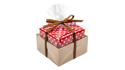Obraz premium Gift wrapped in brown paper and red polka dot paper isolated on a transparent background present