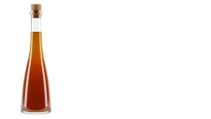 Glass bottle of brown liquid with cork stopper isolated on a transparent background clear glass tapered bottle