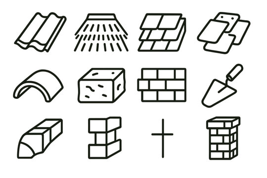 Roofing and Masonry Icons. Traditional Roofing & Masonry linear set: clay roof tile, thatched roof layer, wooden shingle, slate tile, ridge cap piece, stone masonry block, brick