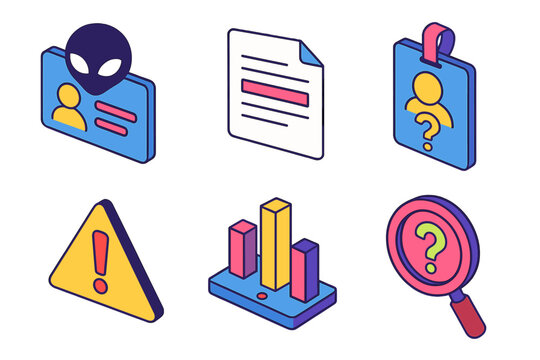 Modern Icon Set. Questionable Info Set isometric flat set: masked ID, redacted sheet, dubious credential, warning label, data anomaly icon, scrutiny mark.