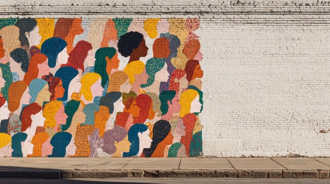mural wall of painted faces representing gender, race, and identity