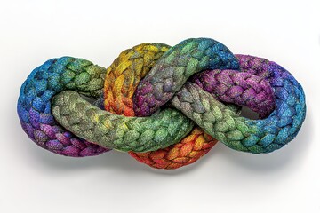 Interwoven Knot Sculpture with Rainbow Hues and Textured Surface on a White Background