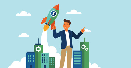 Naklejka premium Flat vector illustration of an entrepreneur launching a startup, rocket and minimal city shapes, solid colour blocks, modern flat vector illustration